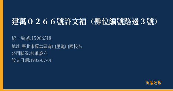 建萬0266號許文福(攤位編號路邊3號)的照片-統編 15906518(臺北市) 公司登記資料與營業項目詳細圖表