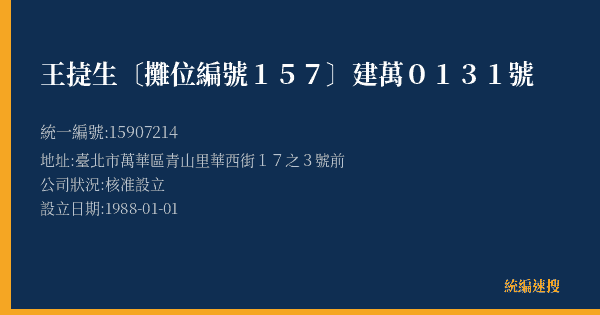 王㨗生〔攤位編號157〕建萬0131號的照片-統編 15907214(臺北市) 公司登記資料與營業項目詳細圖表
