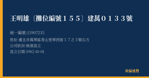 王明雄〔攤位編號155〕建萬0133號的照片-統編 15907235(臺北市) 公司登記資料與營業項目詳細圖表