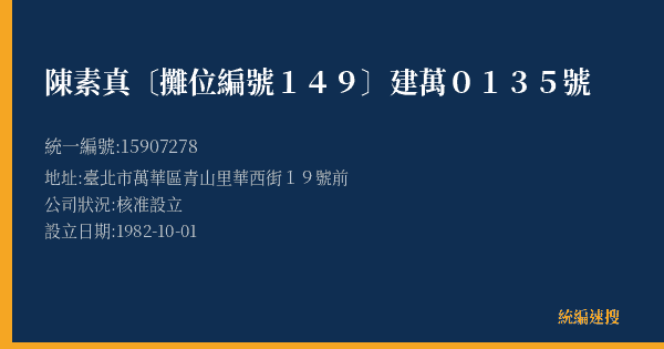 陳素真〔攤位編號149〕建萬0135號的照片-統編 15907278(臺北市) 公司登記資料與營業項目詳細圖表