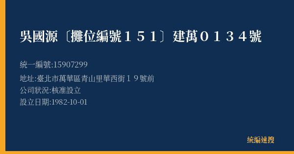 吳國源〔攤位編號151〕建萬0134號的照片-統編 15907299(臺北市) 公司登記資料與營業項目詳細圖表