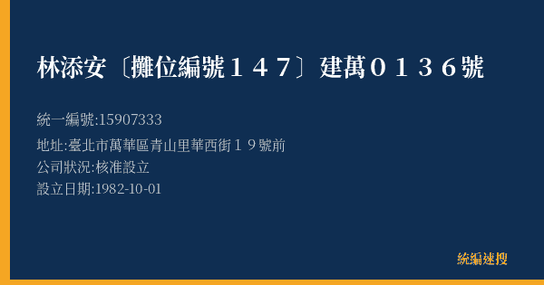 林添安〔攤位編號147〕建萬0136號的照片-統編 15907333(臺北市) 公司登記資料與營業項目詳細圖表