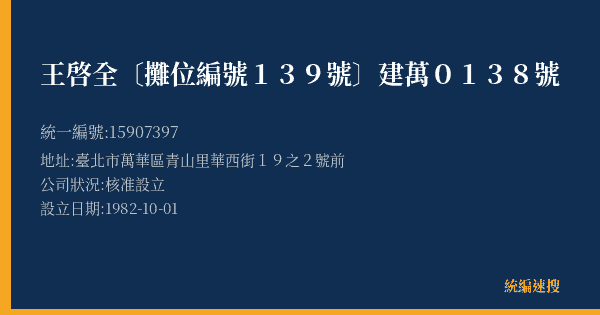 王啓全〔攤位編號139號〕建萬0138號的照片-統編 15907397(臺北市) 公司登記資料與營業項目詳細圖表