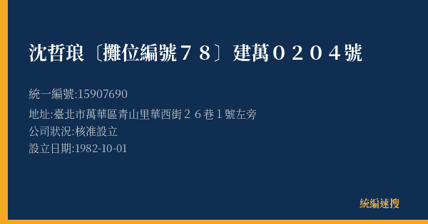 沈哲琅〔攤位編號78〕建萬0204號的照片-統編 15907690(臺北市) 公司登記資料與營業項目詳細圖表