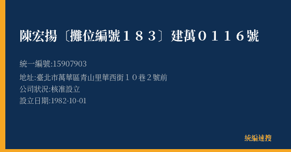 陳宏揚〔攤位編號183〕建萬0116號的照片-統編 15907903(臺北市) 公司登記資料與營業項目詳細圖表