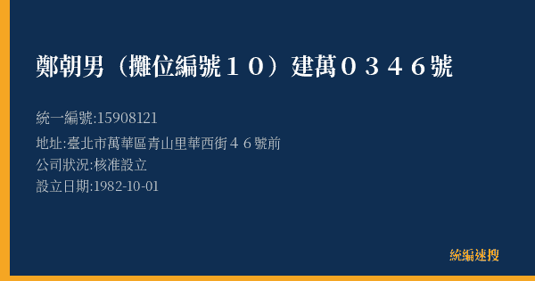 鄭朝男(攤位編號10)建萬0346號的照片-統編 15908121(臺北市) 公司登記資料與營業項目詳細圖表