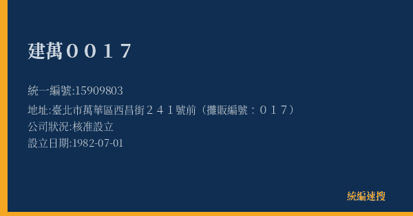 建萬0017的照片-統編 15909803(臺北市) 公司登記資料與營業項目詳細圖表