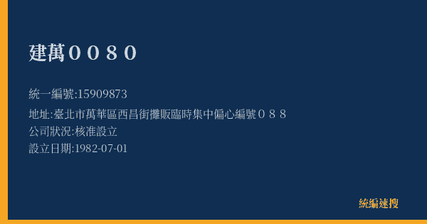建萬0080的照片-統編 15909873(臺北市) 公司登記資料與營業項目詳細圖表