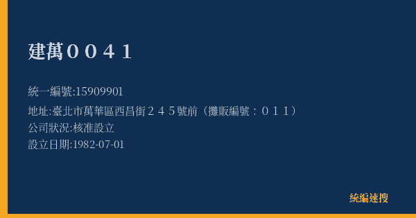 建萬0041的照片-統編 15909901(臺北市) 公司登記資料與營業項目詳細圖表