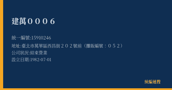 建萬0006的照片-統編 15910246(臺北市) 公司登記資料與營業項目詳細圖表