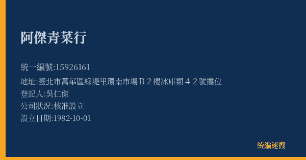 阿傑青菜行的照片-統編 15926161(臺北市) 公司登記資料與營業項目詳細圖表