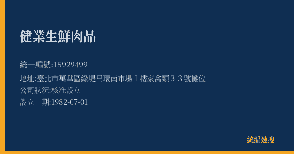 健業生鮮肉品的照片-統編 15929499(臺北市) 公司登記資料與營業項目詳細圖表
