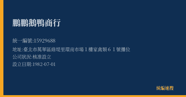 鵬鵬鵝鴨商行的照片-統編 15929688(臺北市) 公司登記資料與營業項目詳細圖表