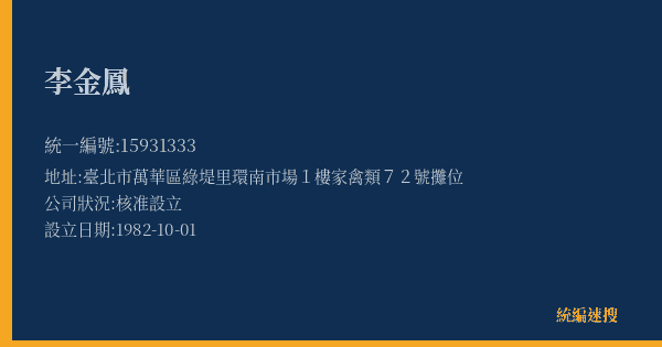 李金鳳的照片-統編 15931333(臺北市) 公司登記資料與營業項目詳細圖表