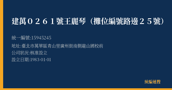 建萬0261號王麗琴(攤位編號路邊25號)的照片-統編 15945245(臺北市) 公司登記資料與營業項目詳細圖表