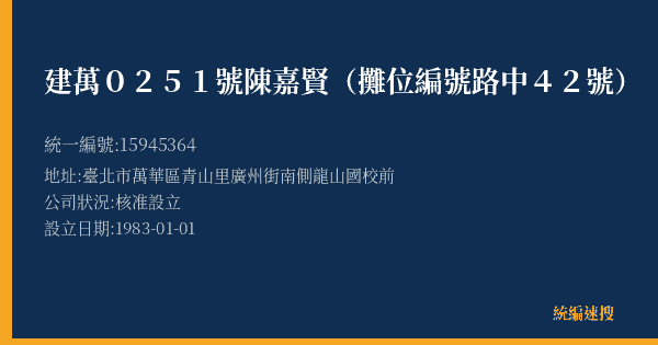 建萬0251號陳嘉賢(攤位編號路中42號)的照片-統編 15945364(臺北市) 公司登記資料與營業項目詳細圖表