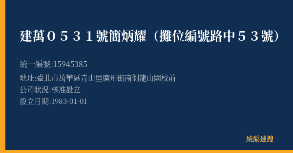建萬0531號簡炳耀(攤位編號路中53號)的照片-統編 15945385(臺北市) 公司登記資料與營業項目詳細圖表