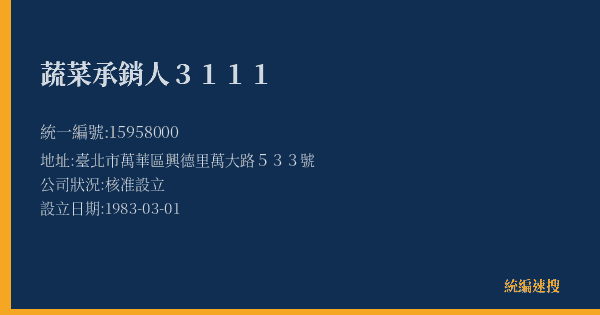 蔬菜承銷人3111的照片-統編 15958000(臺北市) 公司登記資料與營業項目詳細圖表
