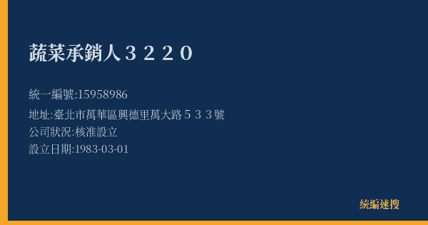 蔬菜承銷人3220的照片-統編 15958986(臺北市) 公司登記資料與營業項目詳細圖表