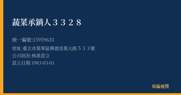 蔬菜承銷人3328的照片-統編 15959633(臺北市) 公司登記資料與營業項目詳細圖表
