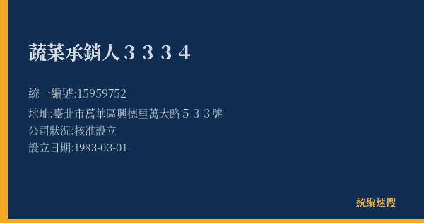 蔬菜承銷人3334的照片-統編 15959752(臺北市) 公司登記資料與營業項目詳細圖表
