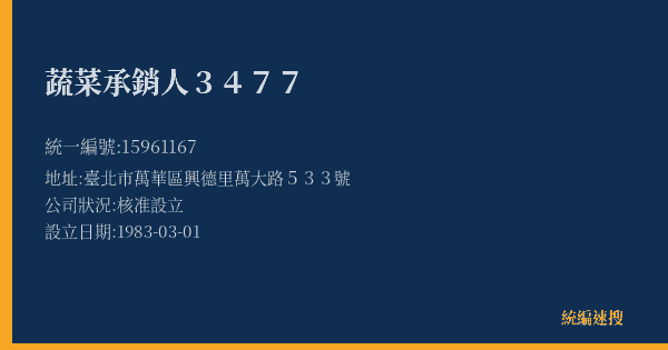 蔬菜承銷人3477的照片-統編 15961167(臺北市) 公司登記資料與營業項目詳細圖表