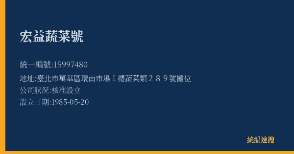 宏益蔬菜號的照片-統編 15997480(臺北市) 公司登記資料與營業項目詳細圖表