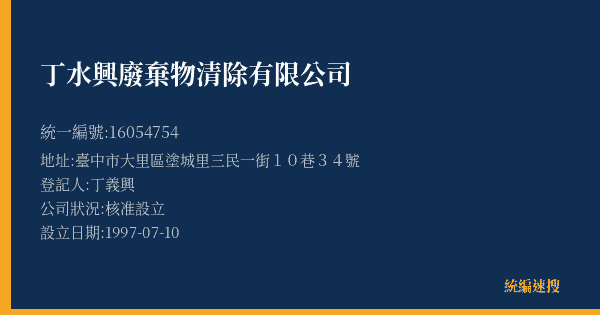丁水興廢棄物清除有限公司的照片-統編 16054754(臺中市) 公司登記資料與營業項目詳細圖表