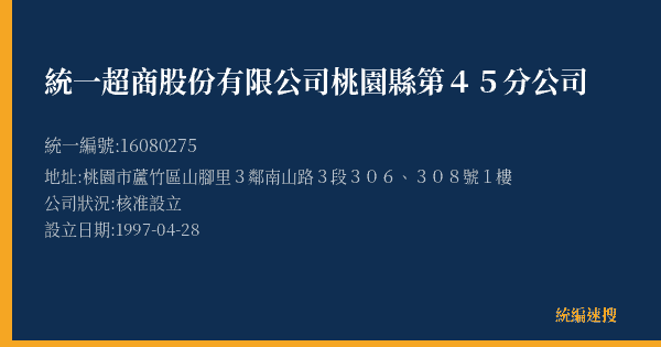 統一超商股份有限公司桃園縣第45分公司的照片-統編 16080275(桃園市) 公司登記資料與營業項目詳細圖表