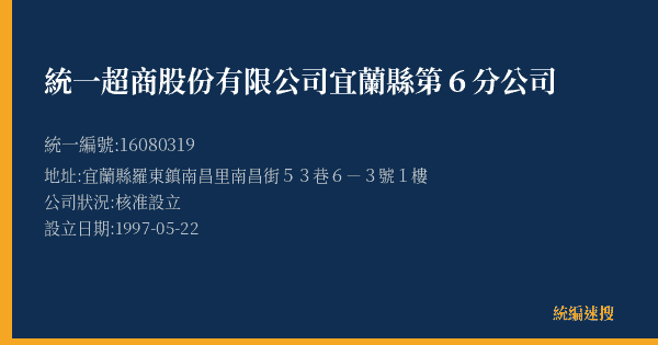 統一超商股份有限公司宜蘭縣第6分公司的照片-統編 16080319(宜蘭縣) 公司登記資料與營業項目詳細圖表