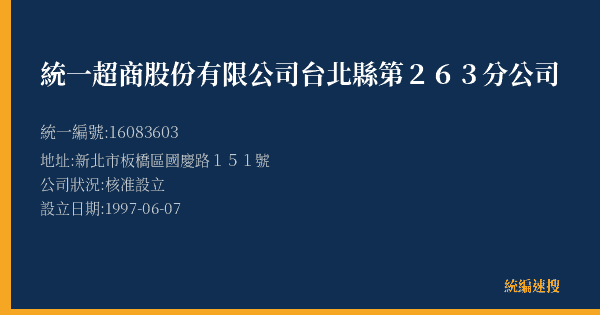 統一超商股份有限公司台北縣第263分公司的照片-統編 16083603(新北市) 公司登記資料與營業項目詳細圖表