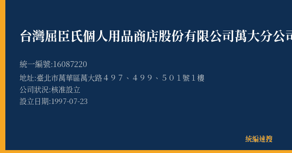 台灣屈臣氏個人用品商店股份有限公司萬大分公司的照片-統編 16087220(臺北市) 公司登記資料與營業項目詳細圖表