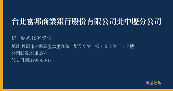 台北富邦商業銀行股份有限公司北中壢分公司的照片-統編 16094741(桃園市) 公司登記資料與營業項目詳細圖表