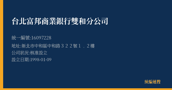 台北富邦商業銀行雙和分公司的照片-統編 16097228(新北市) 公司登記資料與營業項目詳細圖表