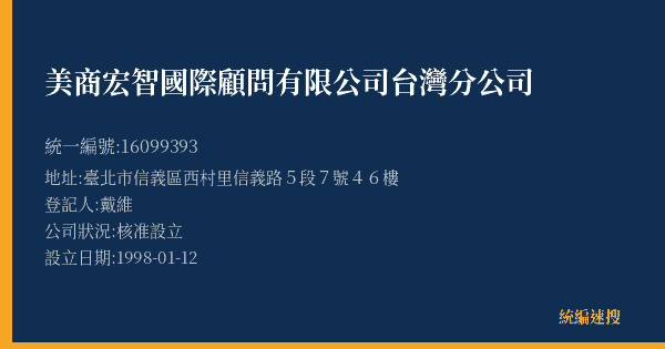 美商宏智國際顧問有限公司台灣分公司的照片-統編 16099393(臺北市) 公司登記資料與營業項目詳細圖表