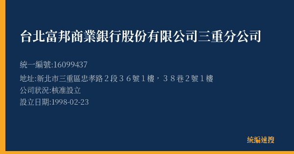 台北富邦商業銀行股份有限公司三重分公司的照片-統編 16099437(新北市) 公司登記資料與營業項目詳細圖表
