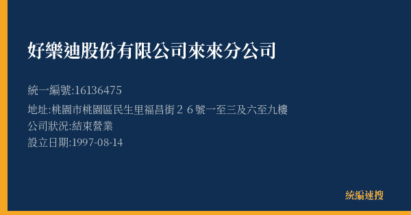好樂迪股份有限公司來來分公司的照片-統編 16136475(桃園市) 公司登記資料與營業項目詳細圖表