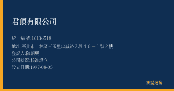 君頂有限公司的照片-統編 16136518(臺北市) 公司登記資料與營業項目詳細圖表