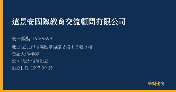 遠景安國際教育交流顧問有限公司的照片-統編 16155599(臺北市) 公司登記資料與營業項目詳細圖表