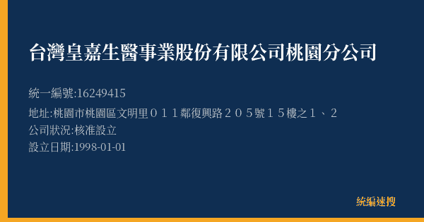台灣皇嘉生醫事業股份有限公司桃園分公司的照片-統編 16249415(桃園市) 公司登記資料與營業項目詳細圖表