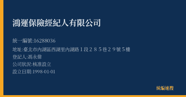 鴻運保險經紀人有限公司的照片-統編 16288036(臺北市) 公司登記資料與營業項目詳細圖表