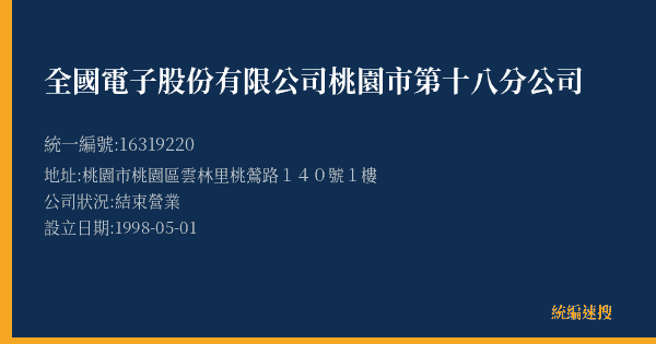 全國電子股份有限公司桃園市第十八分公司的照片-統編 16319220(桃園市) 公司登記資料與營業項目詳細圖表