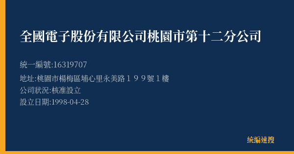 全國電子股份有限公司桃園市第十二分公司的照片-統編 16319707(桃園市) 公司登記資料與營業項目詳細圖表
