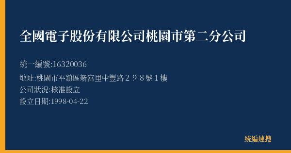 全國電子股份有限公司桃園市第二分公司的照片-統編 16320036(桃園市) 公司登記資料與營業項目詳細圖表