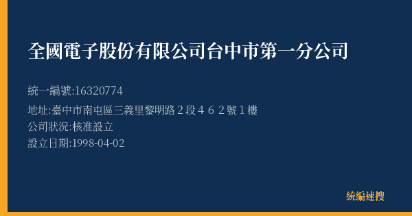 全國電子股份有限公司台中市第一分公司的照片-統編 16320774(臺中市) 公司登記資料與營業項目詳細圖表