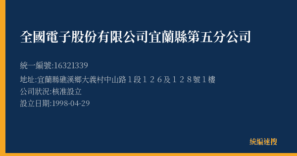 全國電子股份有限公司宜蘭縣第五分公司的照片-統編 16321339(宜蘭縣) 公司登記資料與營業項目詳細圖表