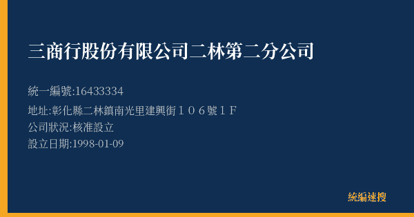 三商行股份有限公司二林第二分公司的照片-統編 16433334(彰化縣) 公司登記資料與營業項目詳細圖表