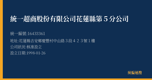 統一超商股份有限公司花蓮縣第5分公司的照片-統編 16433361(花蓮縣) 公司登記資料與營業項目詳細圖表