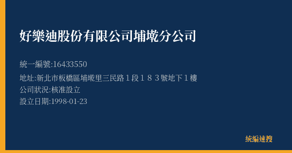 好樂迪股份有限公司埔墘分公司的照片-統編 16433550(新北市) 公司登記資料與營業項目詳細圖表