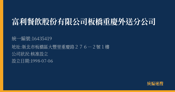 富利餐飲股份有限公司板橋重慶外送分公司的照片-統編 16435419(新北市) 公司登記資料與營業項目詳細圖表